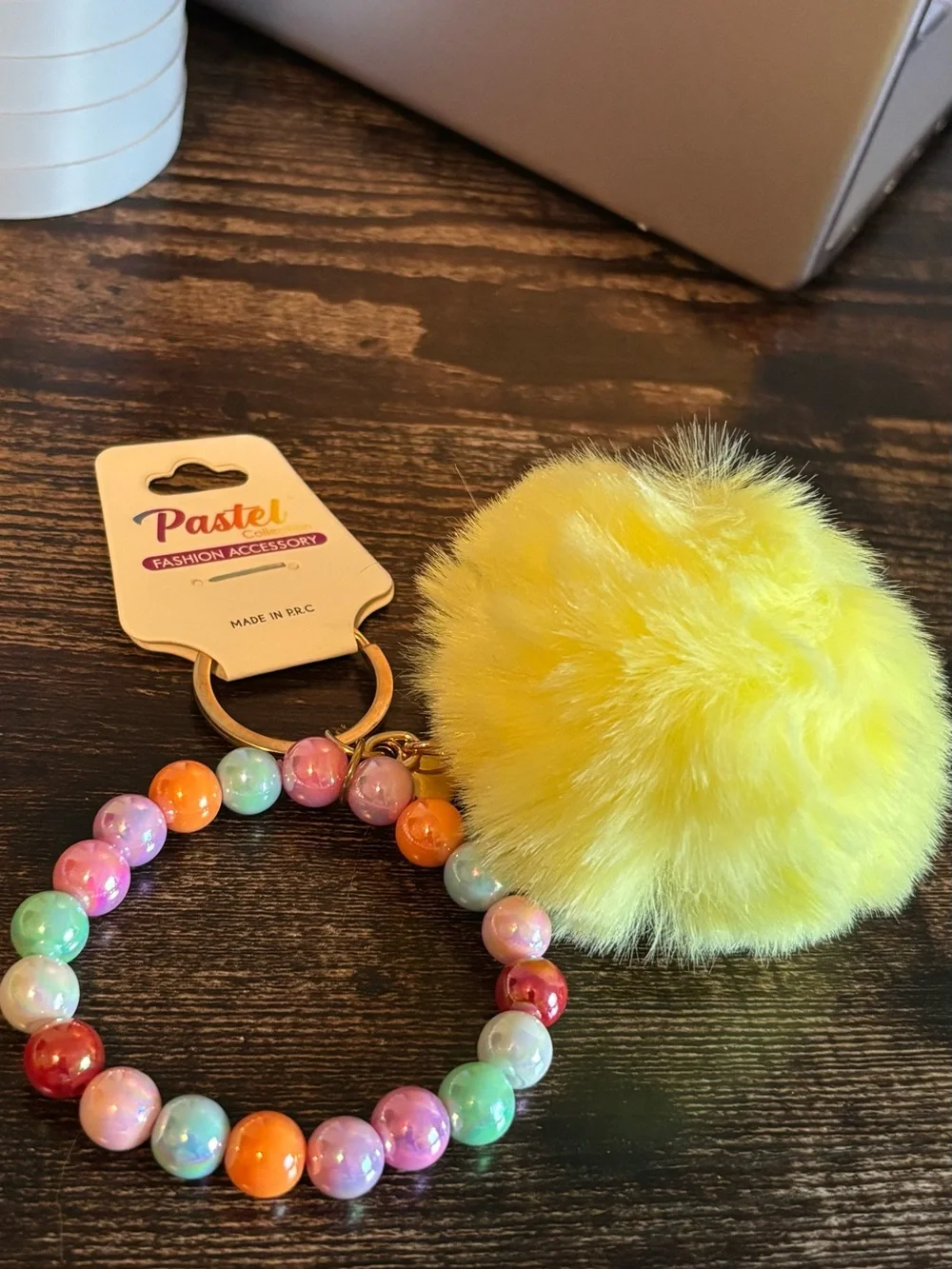 Pastels Yellow Pom-Pom Beaded Bracelet Keychain